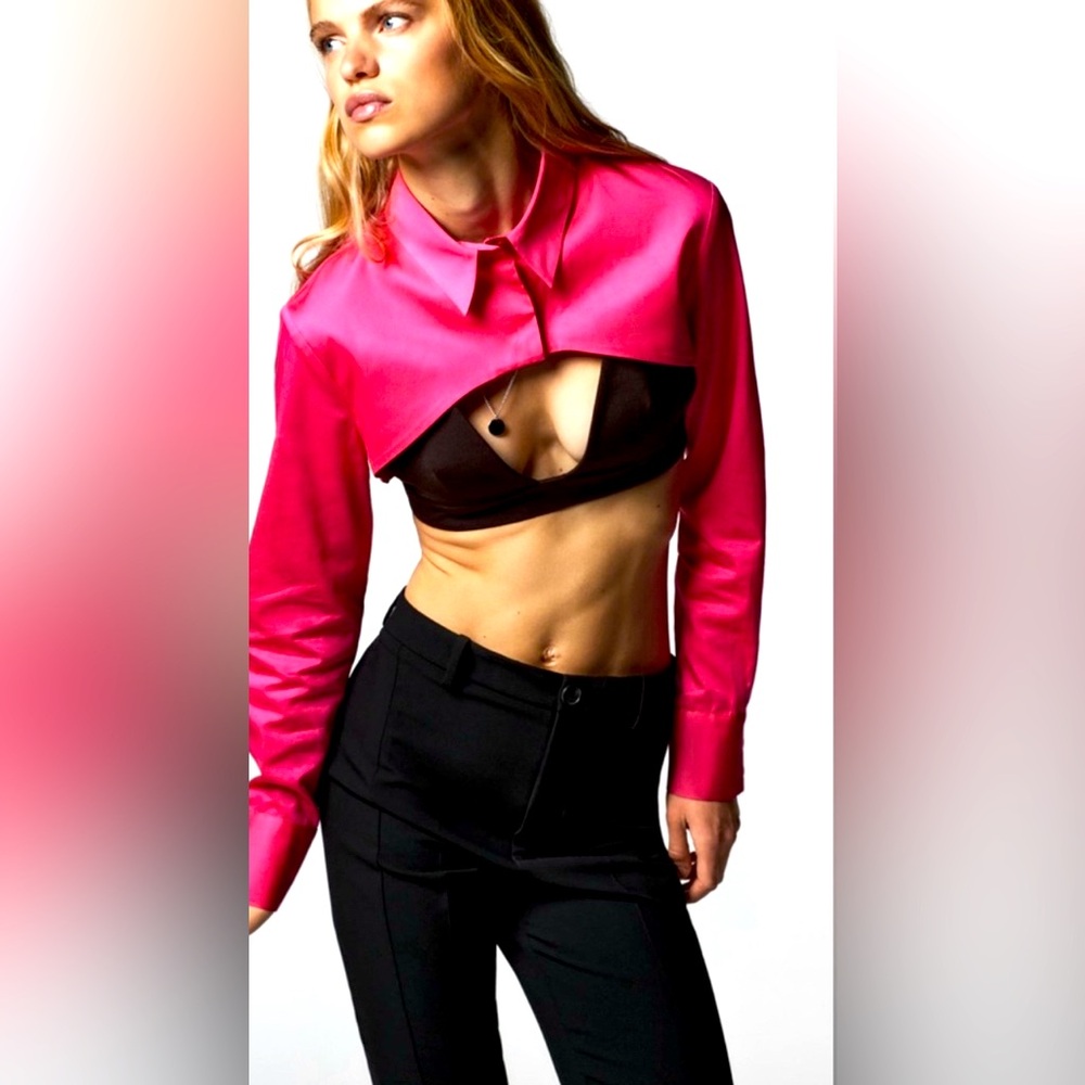 ZARA NWOT FW21 POPLIN LONG SLEEVES CROPPED TOP FUCHSIA(Size M)